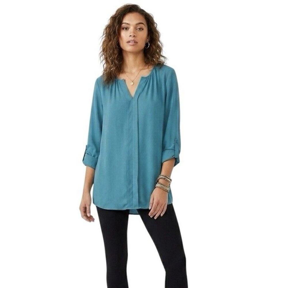 Bebonnie Teal Blue V Neck Tunic Blouse Office wear Lagenlook Boho Sz Medium